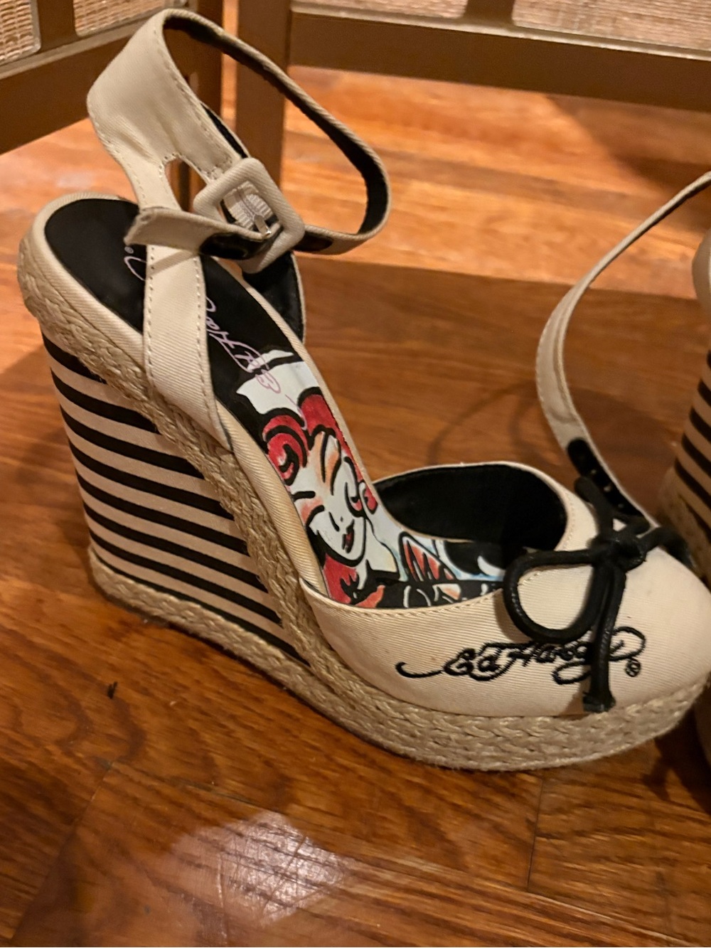Ed Hardy Cream and Black Striped Espadrille Wedge Sandals - Picture 8 of 10
